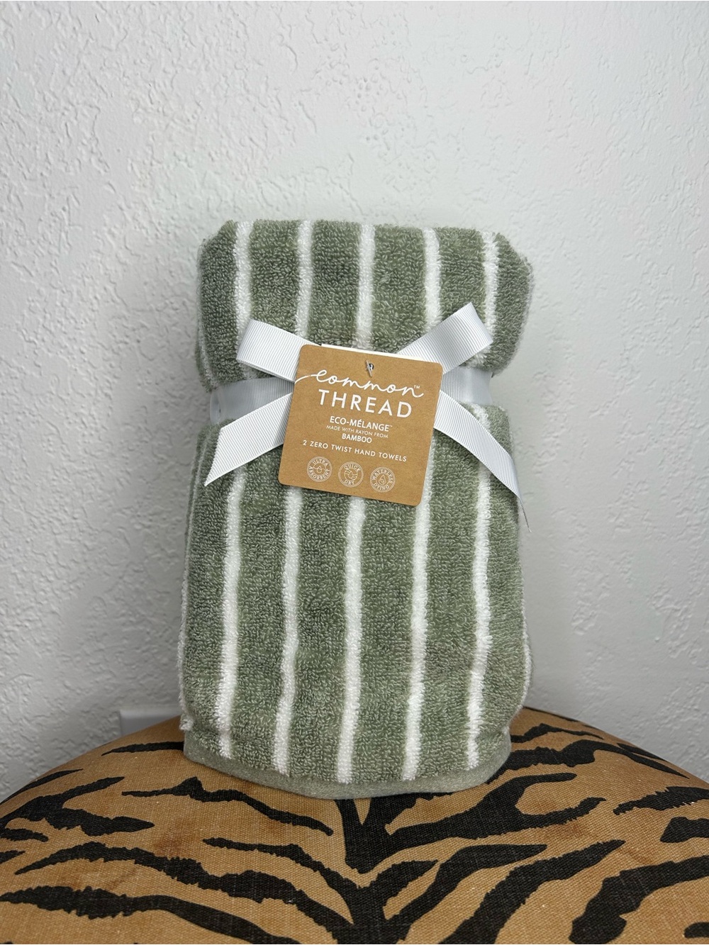 NEW Set of 2 Common Thread Eco-Melange Bamboo ZeroTwist Green Striped Hand Towel